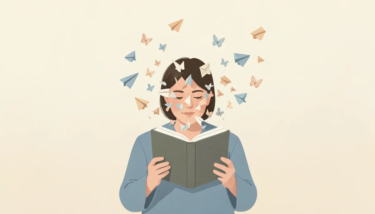 Kitap okumaya çalışırken başının etrafında kâğıt uçaklar ve kelebekler uçuşan kişi illüstrasyonu
