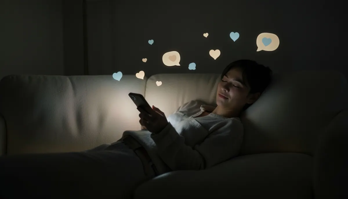 Gece kanepede telefonuna bakan ve etrafında bildirim balonları uçuşan kişi illüstrasyonu